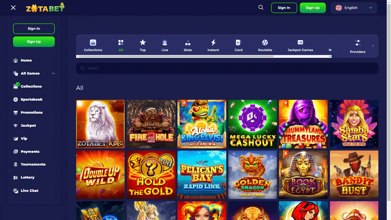 Zotabet Casino desktop games screen