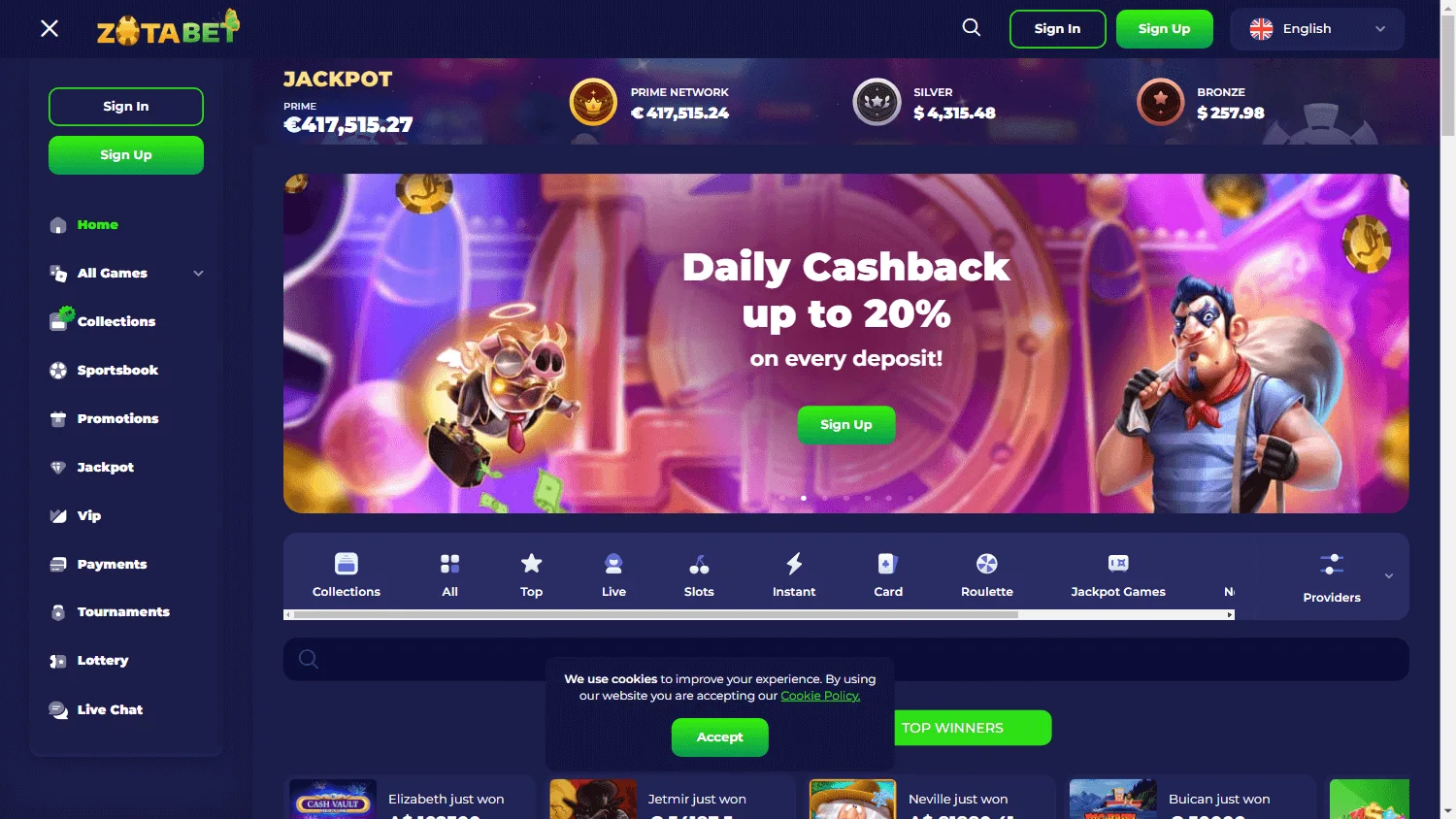 Zotabet Casino desktop home screen