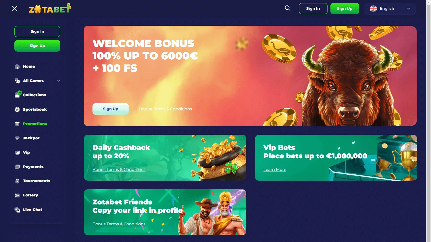 Zotabet Casino desktop promotions screen