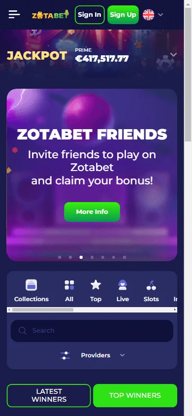 Zotabet Casino mobile home screen