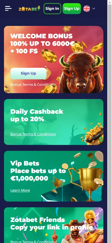 Zotabet Casino mobile promotions screen